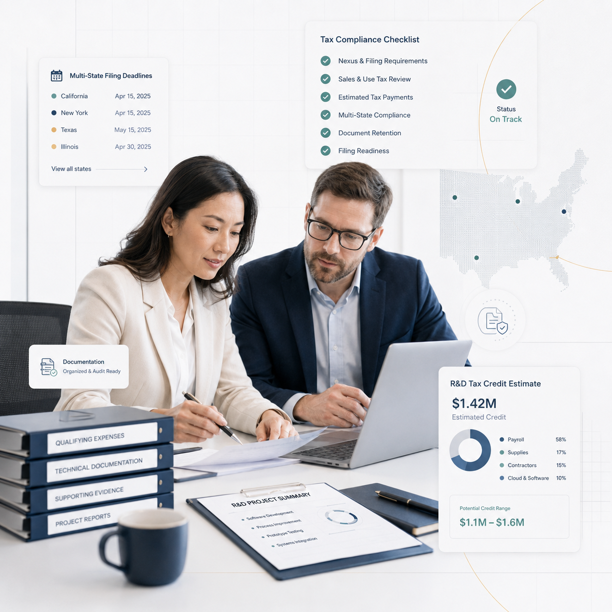 Fintech tax team reviewing multi-state compliance, filing requirements, and R&D tax credit calculations