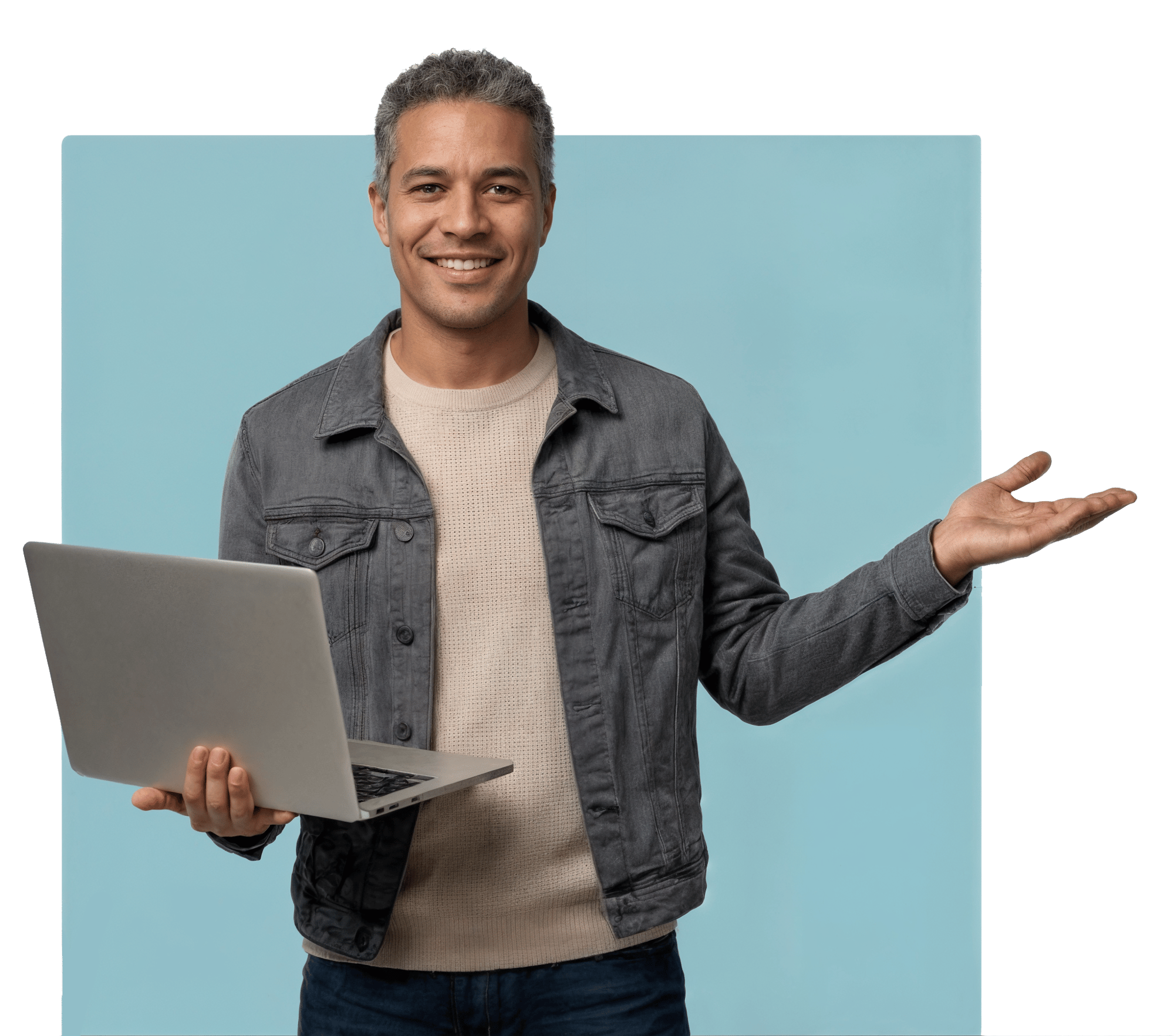man holding laptop with blue background