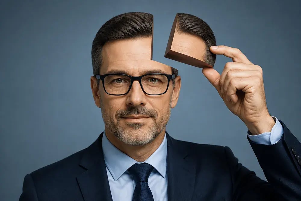 man pulling a small wedge of his head away