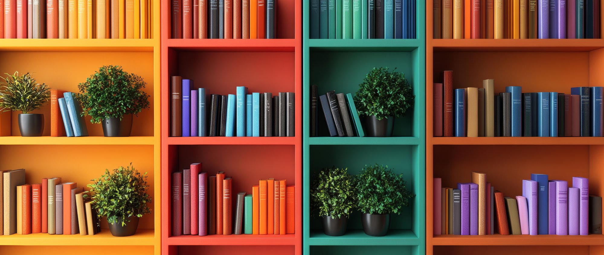 organized-space-with-vibrant-books-neatly-stacked-shelf-with-vibrant-color-as-well-as-green-plant-that-adds-touch-nature-room