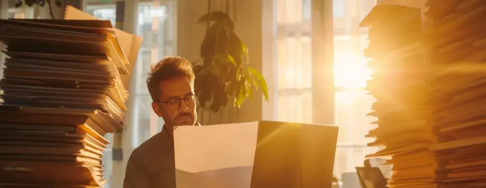 stacks of papers with man in the middle